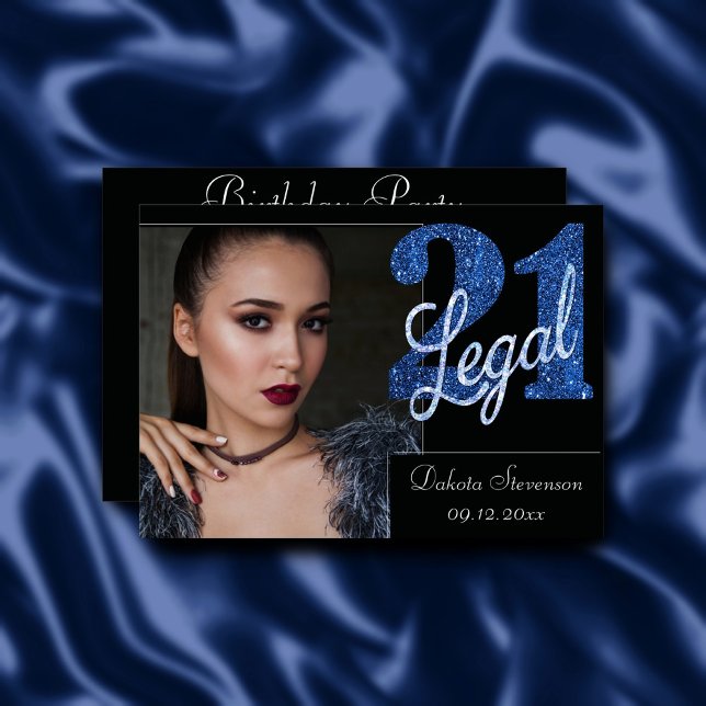 21 and Legal | Blue Faux Glitter Photo Keepsake Invitation (Creator Uploaded)