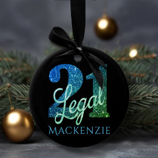 21 and Legal Blue Green Ombre 21st Birthday Party Ceramic Ornament