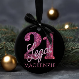 21 and Legal   Fun Pink Faux Glitter 21st Birthday Ceramic Ornament