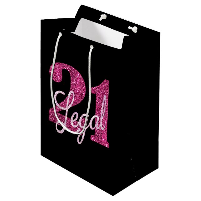 21 and Legal | Fun Pink Faux Glitter 21st Birthday Medium Gift Bag (Front Angled)