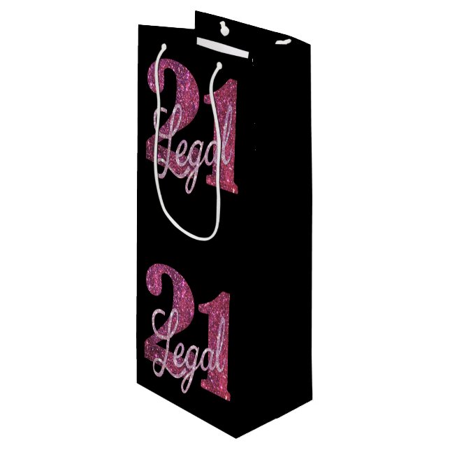 21 and Legal | Fun Pink Faux Glitter 21st Birthday Wine Gift Bag (Front Angled)