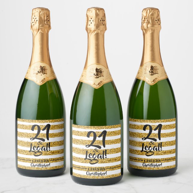 21 and Legal Gold Faux Glitter Stripes Custom Sparkling Wine Label (Bottles)