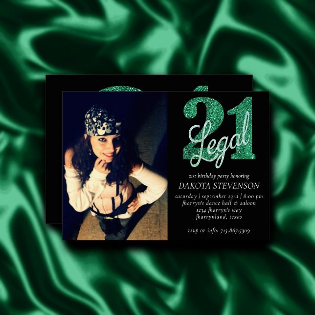 21 and Legal | Green Faux Glitter 21st BDay Photo Invitation (Creator Uploaded)