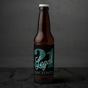 21 and Legal   Green Faux Glitter 21st Birthday Beer Bottle Label