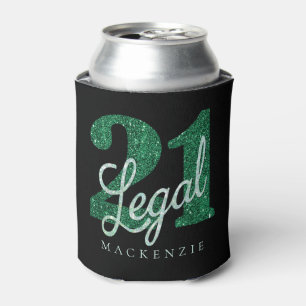 21 and Legal Green Glitter 21st Birthday Name Can Cooler