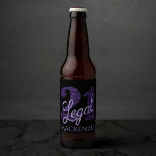 21 and Legal   Purple Faux Glitter 21st Birthday Beer Bottle Label