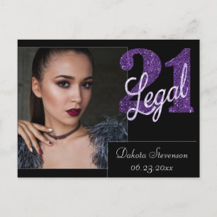 21 and Legal Purple Faux Glitter 21st Birthday Postcard