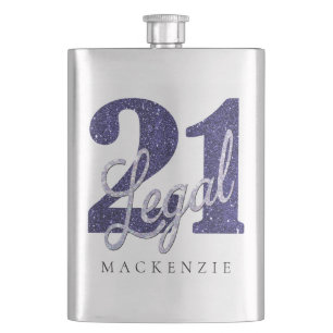 21 and Legal   Purple Glitter Chic 21st Birthday Hip Flask