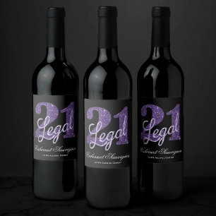 21 and Legal   Purple Glitter Chic 21st Birthday Wine Label