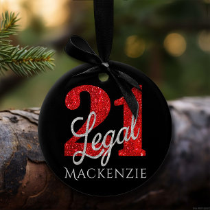 21 and Legal   Red and Black Modern 21st Birthday Ceramic Ornament