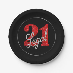 21 and Legal   Red and Black Modern 21st Birthday Paper Plate