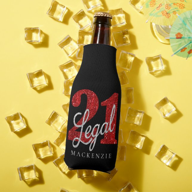 21 and Legal | Red Faux Glitter 21st Birthday Bottle Cooler (In Situ Summer)