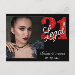 21 and Legal   Red Faux Glitter Photo Thank You Postcard