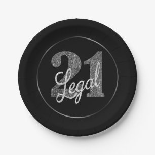 21 and Legal Silver Glitzy Glam 21st Birthday Paper Plate