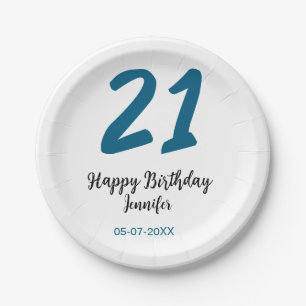 21 birthday bold blue letter simple minimal paper plate