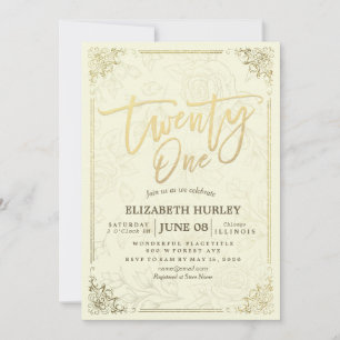 21 Birthday Party Elegant Script Gold Floral Frame Invitation