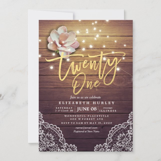 21 Birthday Party Flowers String Lights Wood Lace Invitation (Front)