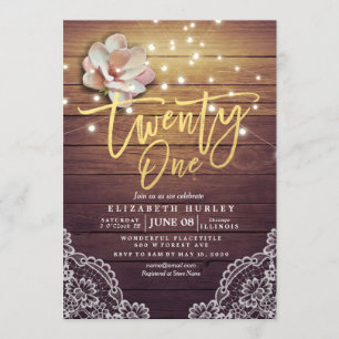 21 Birthday Party Flowers String Lights Wood Lace Invitation