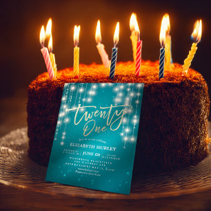 21 Birthday Party Turquoise Sparkle String Lights Invitation
