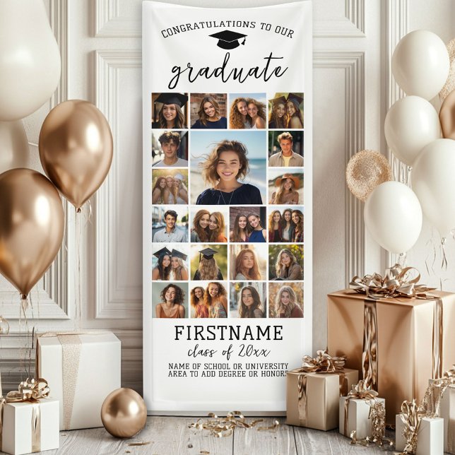 21 Photo Collage Graduation Modern Minimal White Banner (Custom Graduation Banner - Great for a backdrop or Grad Party Decoration)