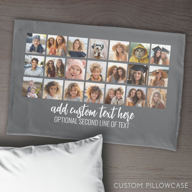 21 Photo Collage Grid - 2 Text boxes - grey white Pillowcase (Create Your Own Photo Collage Pillowcase)