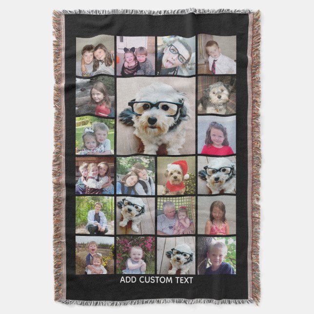 21 Photo Collage - Grid with extra Text - black Throw Blanket (Front Vertical)