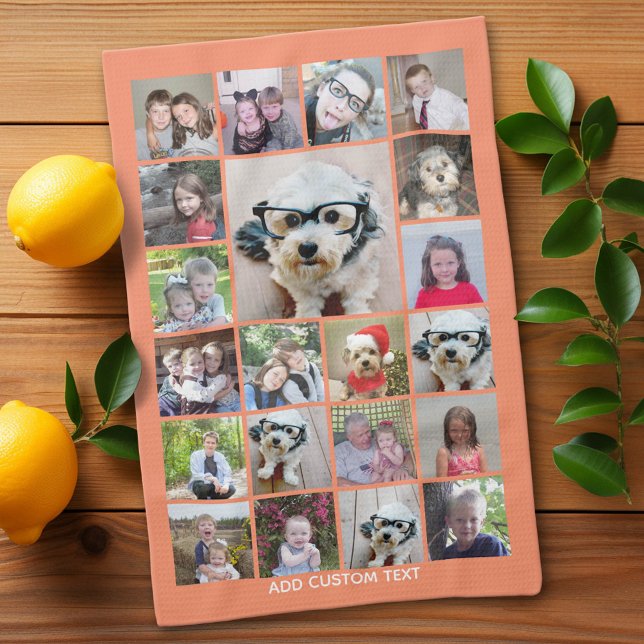 21 Photo Collage - Grid with extra Text - coral Kitchen Towel (Custom Kitchen Towel with Photo Collage)