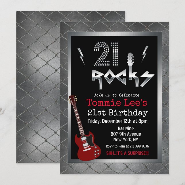 21 Rocks Guitare Rockstar Invitation d'anniversair (Devant / Derrière)