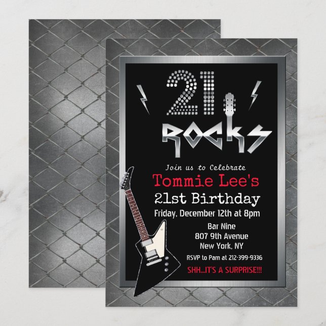 21 Rocks Rockstar Guitar Birthday Invitation (Front/Back)