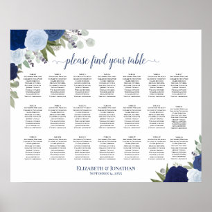 21 Table Blue Boho Floral Wedding Seating Chart