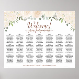 21 Table Blush Peach Roses Wedding Seating Chart