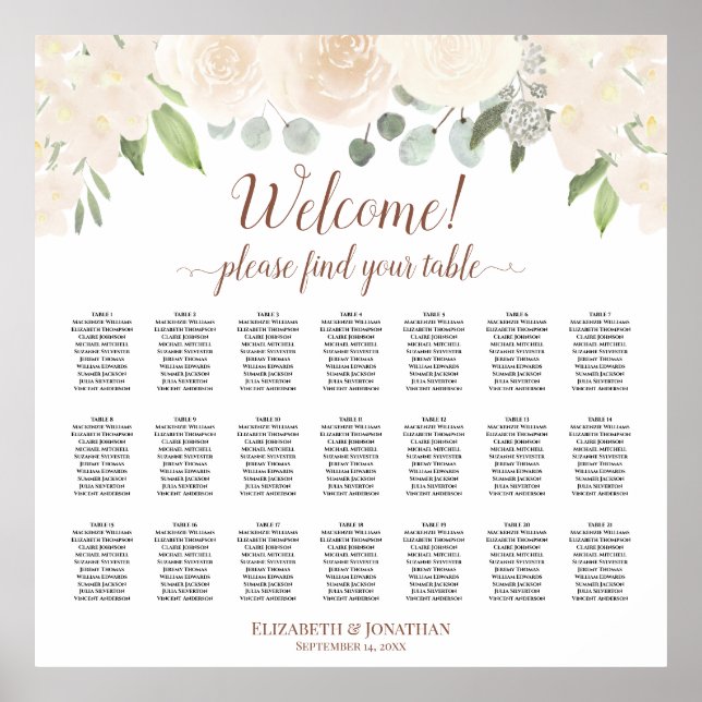 21 Table Blush Peach Roses Wedding Seating Chart (Front)