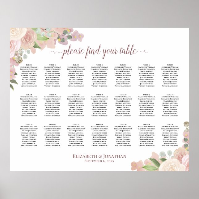 21 Table Elegant Pink Floral Wedding Seating Chart (Front)