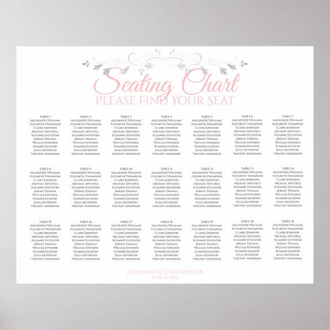 21 Table Elegant Pink & Grey Wedding Seating Chart (Front)