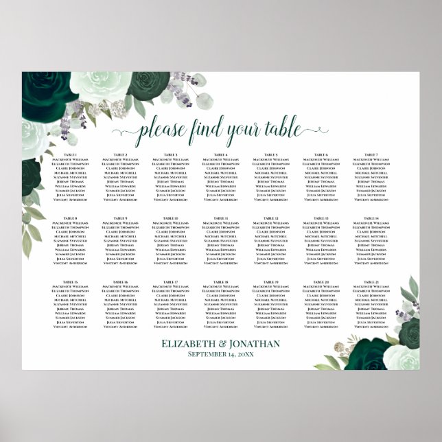 21 Table Emerald Boho Floral Wedding Seating Chart (Front)
