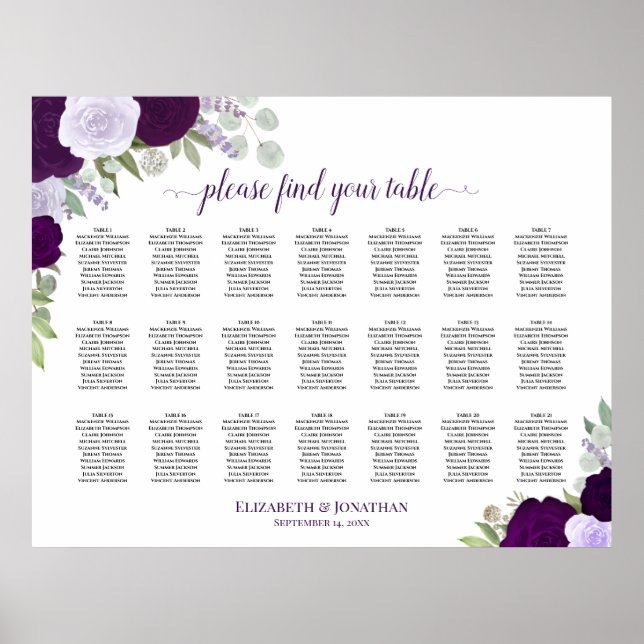 21 Table Purple Boho Floral Wedding Seating Chart (Front)