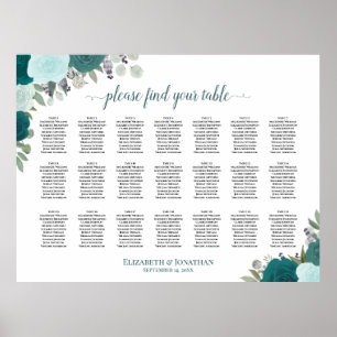 21 Table Teal Boho Floral Wedding Seating Chart