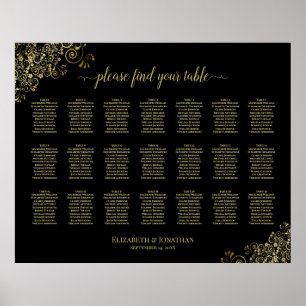 21 Table Wedding Seating Chart Black & Gold Frills