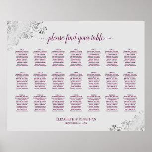 21 Table Wedding Seating Chart Cassis on Grey