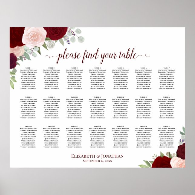 21 Tableau Burgundy Blush Boho Floral Seating Char (Devant)
