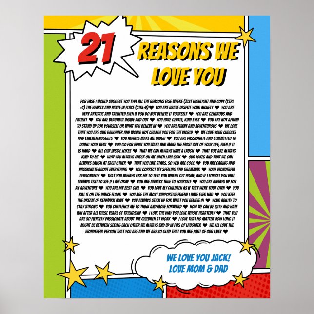 21 things we love about you, 21st 30th comic book poster (Front)
