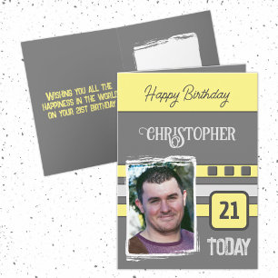 21 today add photo for him grey yellow birthday card