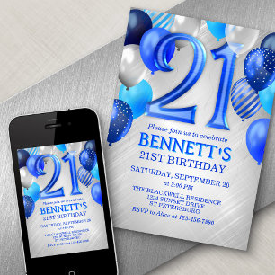 21e anniversaire Ballons Bleus Invitation