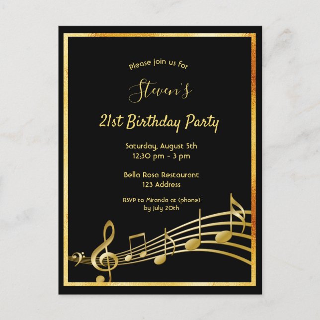 21e anniversaire Black gold music notes invitation (Devant)