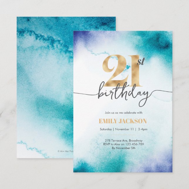21e anniversaire Eau turquoise invitation or (Devant / Derrière)