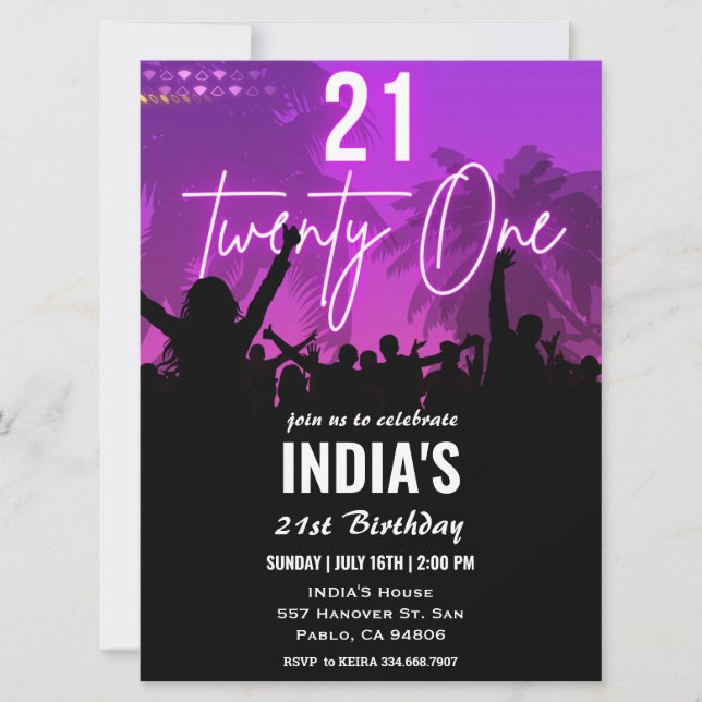 21e anniversaire fête Pink Neon Invitation (Devant)