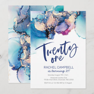 21e Anniversaire Invitation Bleu Aquarelle Abstrai