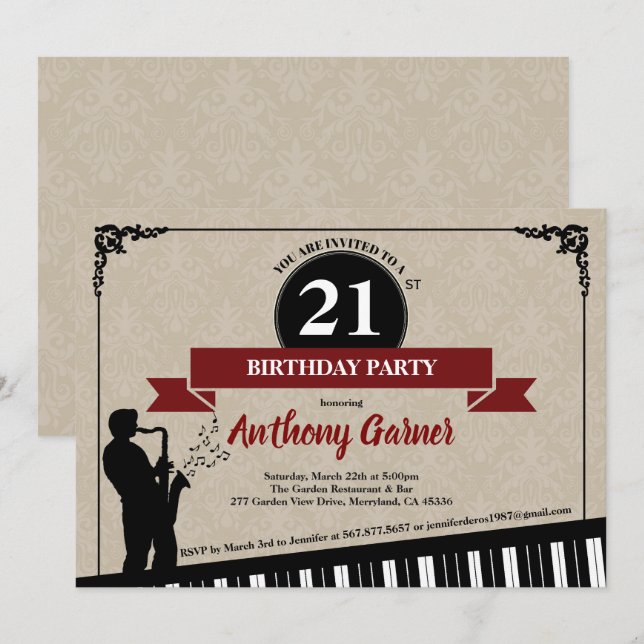 21e anniversaire invitation Jazz music thème (Devant / Derrière)