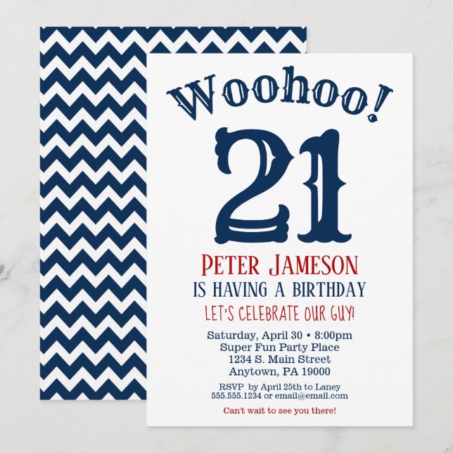 21e anniversaire Invitation Mens Marine Bleu (Devant / Derrière)