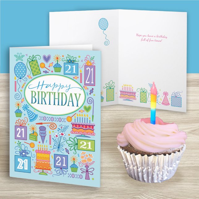 21e Anniversaire Pastel Lumineux Icônes Sur Carte  (Créateur téléchargé)